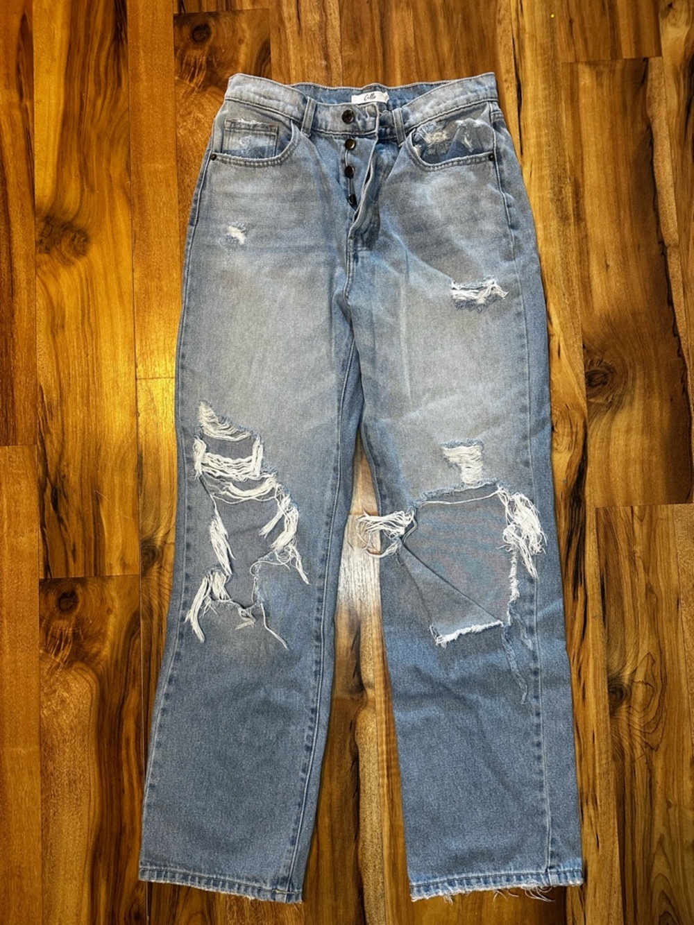 Cello Jeans Womens 27 High Rise Distressed Straight Leg Button Light Wash Denim